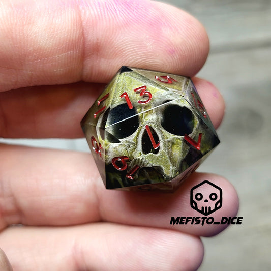 This is a single set of one D20 DND die with a light brown skull inside ,black resin and red numbers