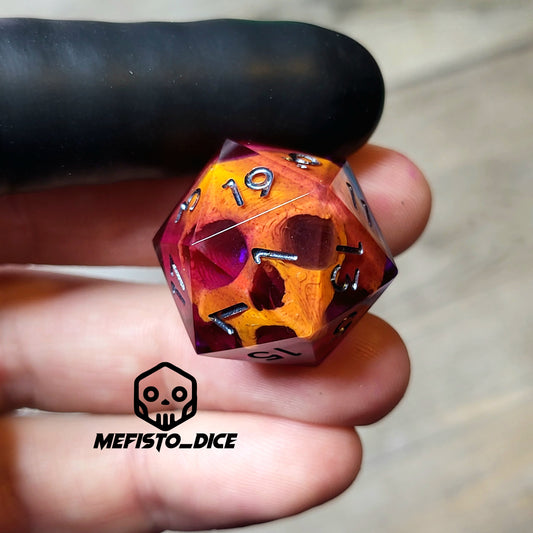 This is a single set of one D20 DND die with a orange skull inside ,purple resin and black silver numbers