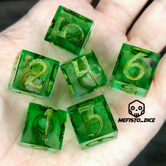 green resin D6 dice set with bronze numbers, handmade design for Dungeons and Dragons and tabletop RPG