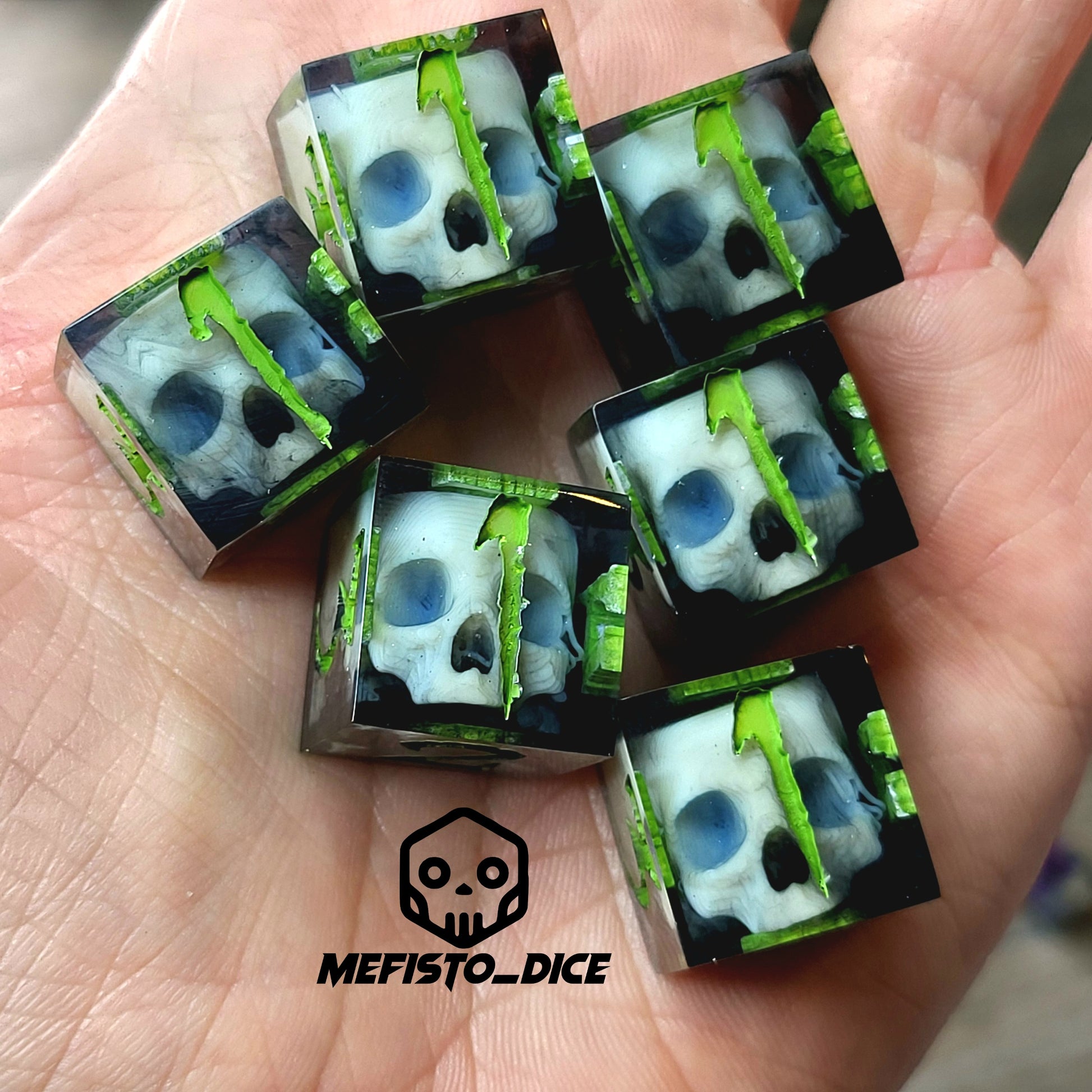 Dice set in D6 format with skull inside for role-playing games for Dungeons and Dragons