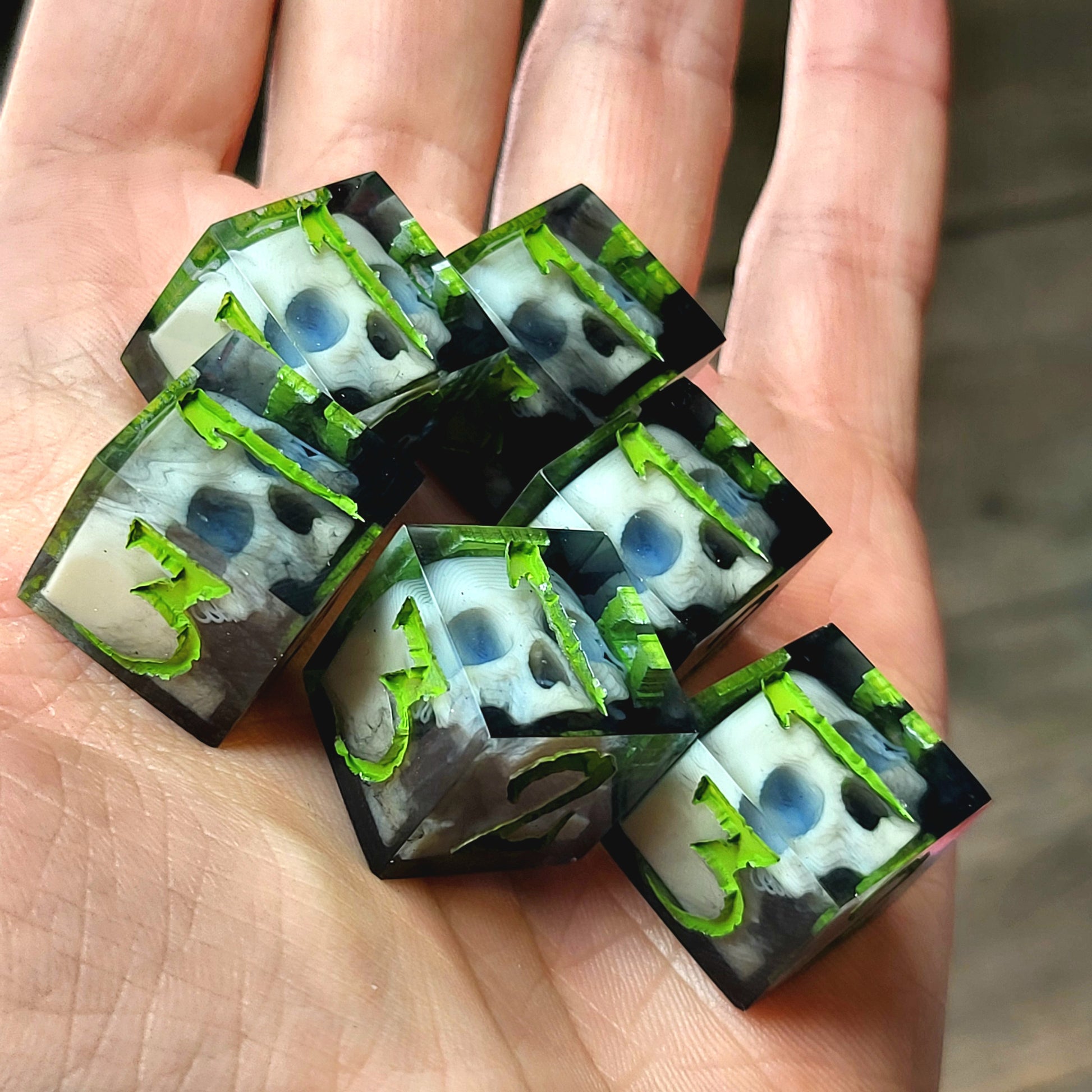 Dice set in D6 format with skull inside for role-playing games for Dungeons and Dragons