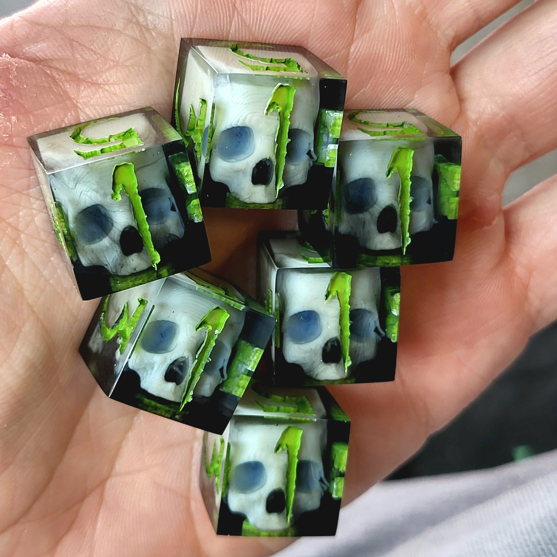 Dice set in D6 format with skull inside for role-playing games for Dungeons and Dragons