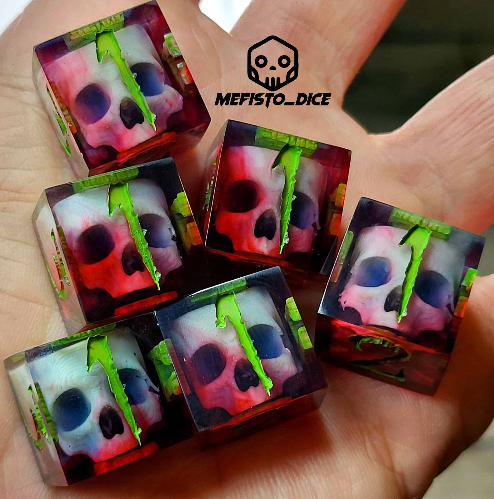 Dice set in D6 format with skull inside for role-playing games for Dungeons and Dragons