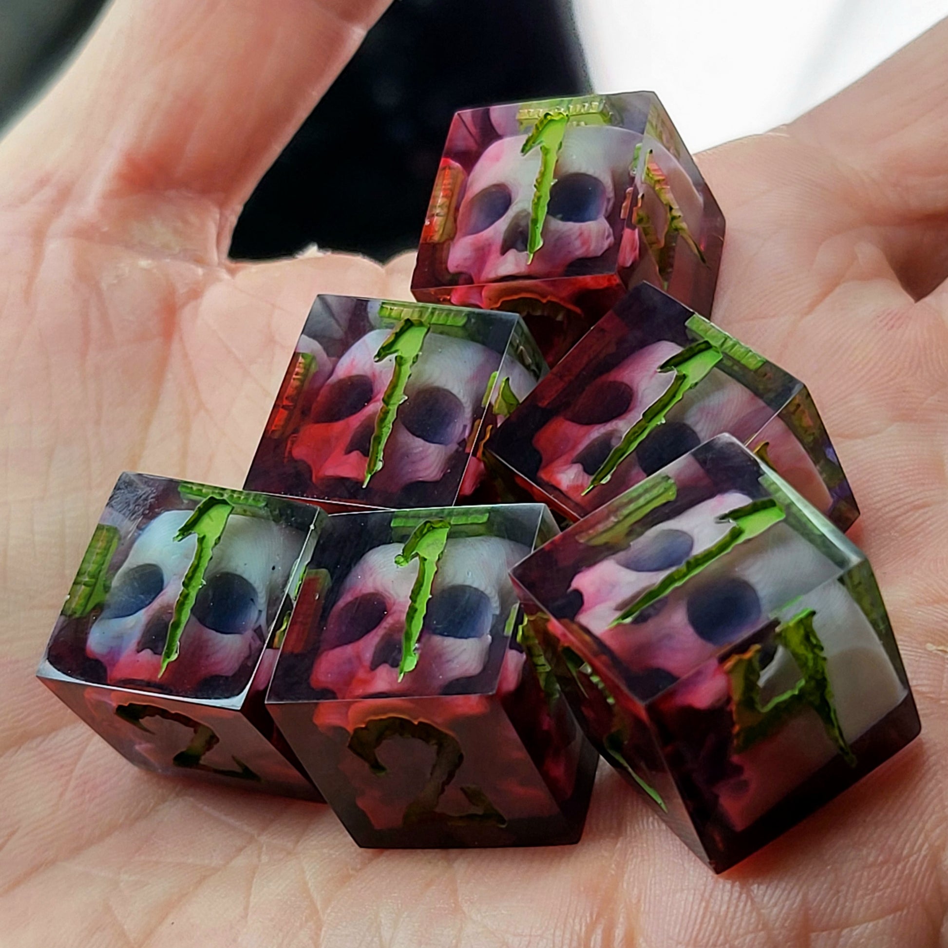Dice set in D6 format with skull inside for role-playing games for Dungeons and Dragons
