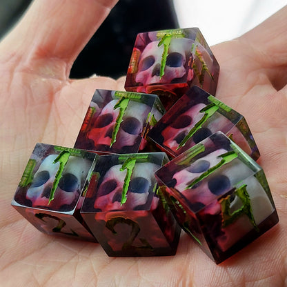 Dice set in D6 format with skull inside for role-playing games for Dungeons and Dragons