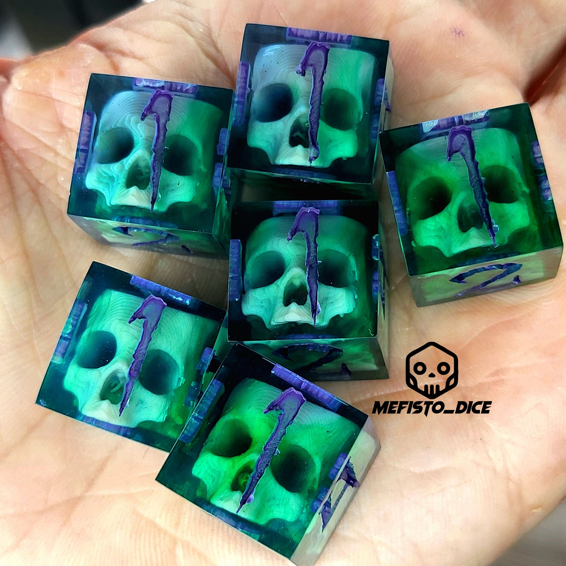 Dice set in D6 format with skull inside for role-playing games for Dungeons and Dragons