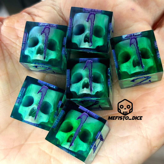 Dice set in D6 format with skull inside for role-playing games for Dungeons and Dragons
