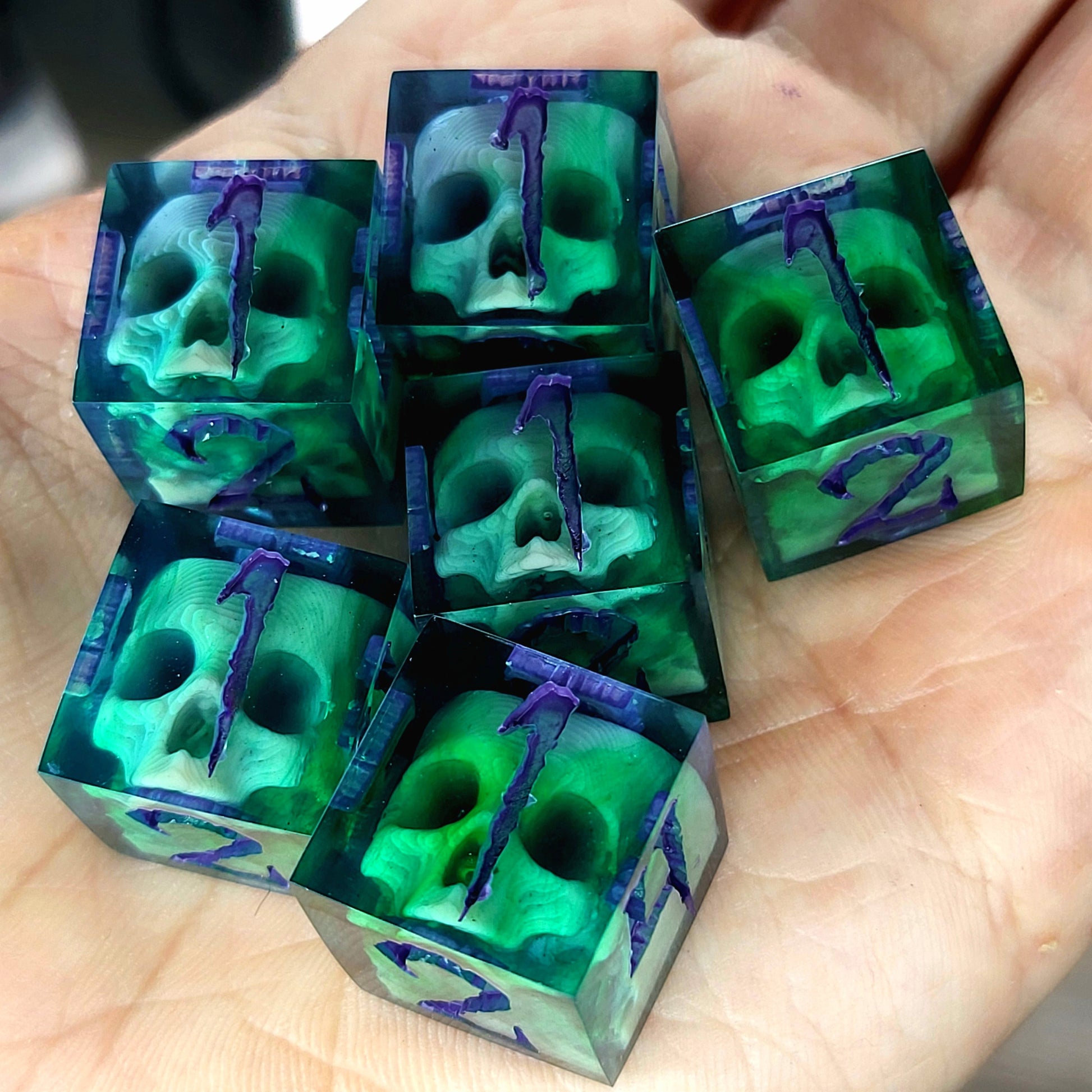 Dice set in D6 format with skull inside for role-playing games for Dungeons and Dragons