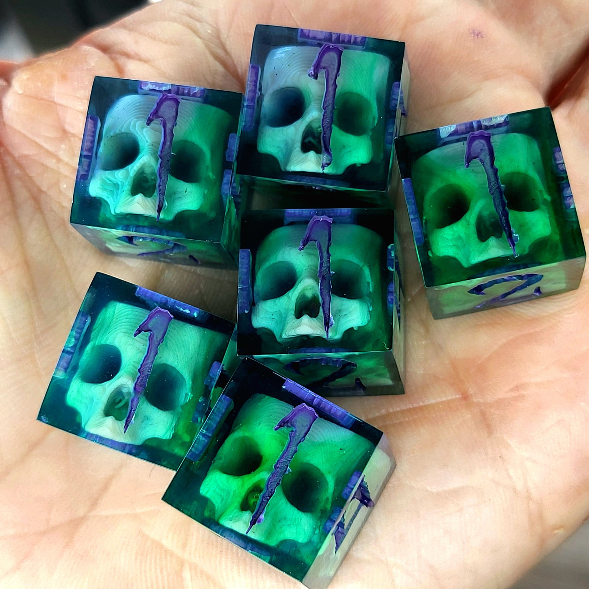 Dice set in D6 format with skull inside for role-playing games for Dungeons and Dragons
