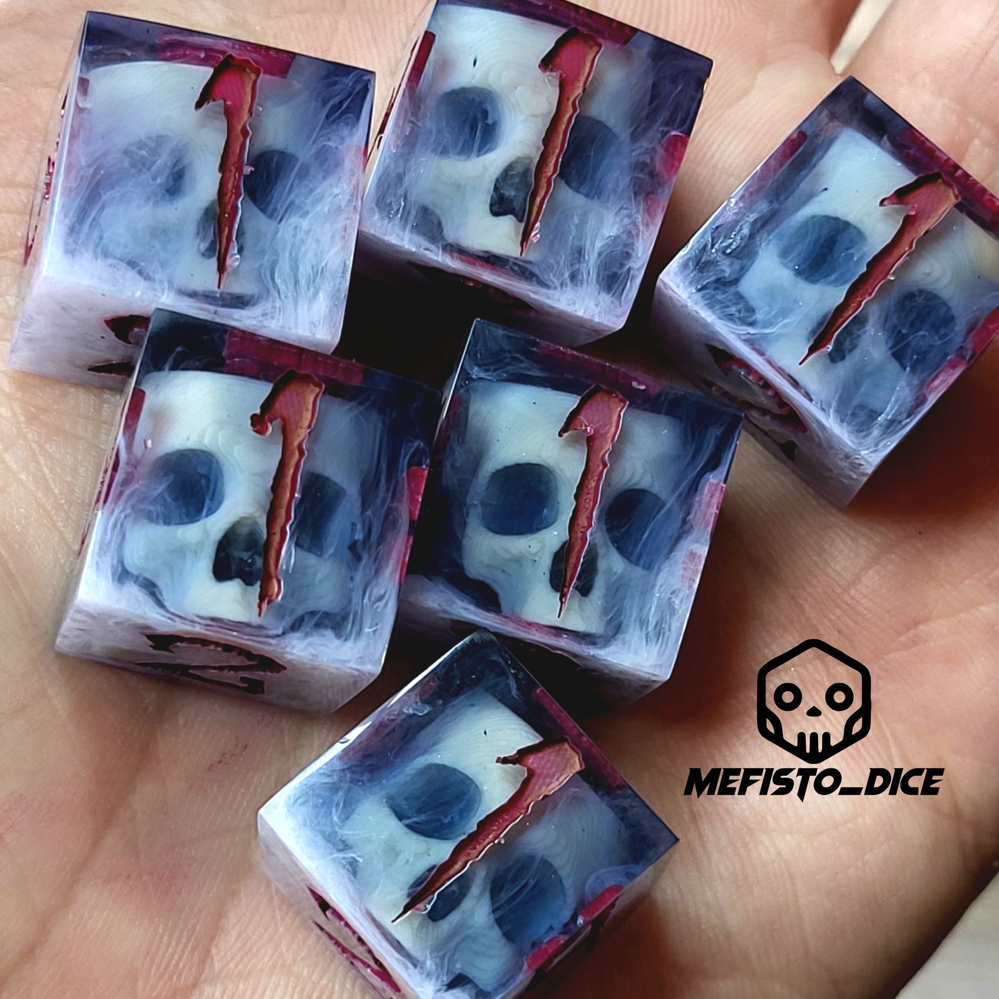 Dice set in D6 format with skull inside for role-playing games for Dungeons and Dragons