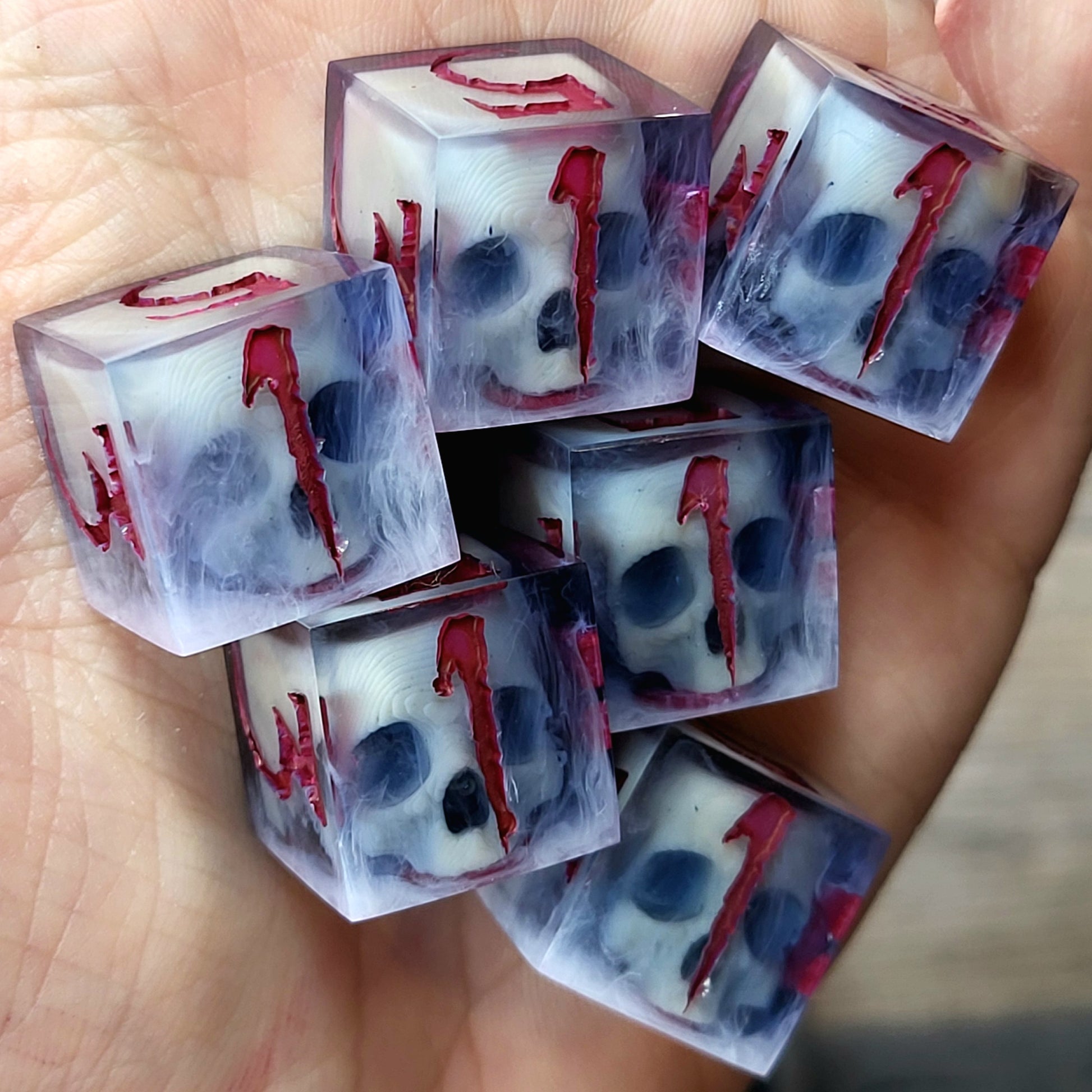 Dice set in D6 format with skull inside for role-playing games for Dungeons and Dragons