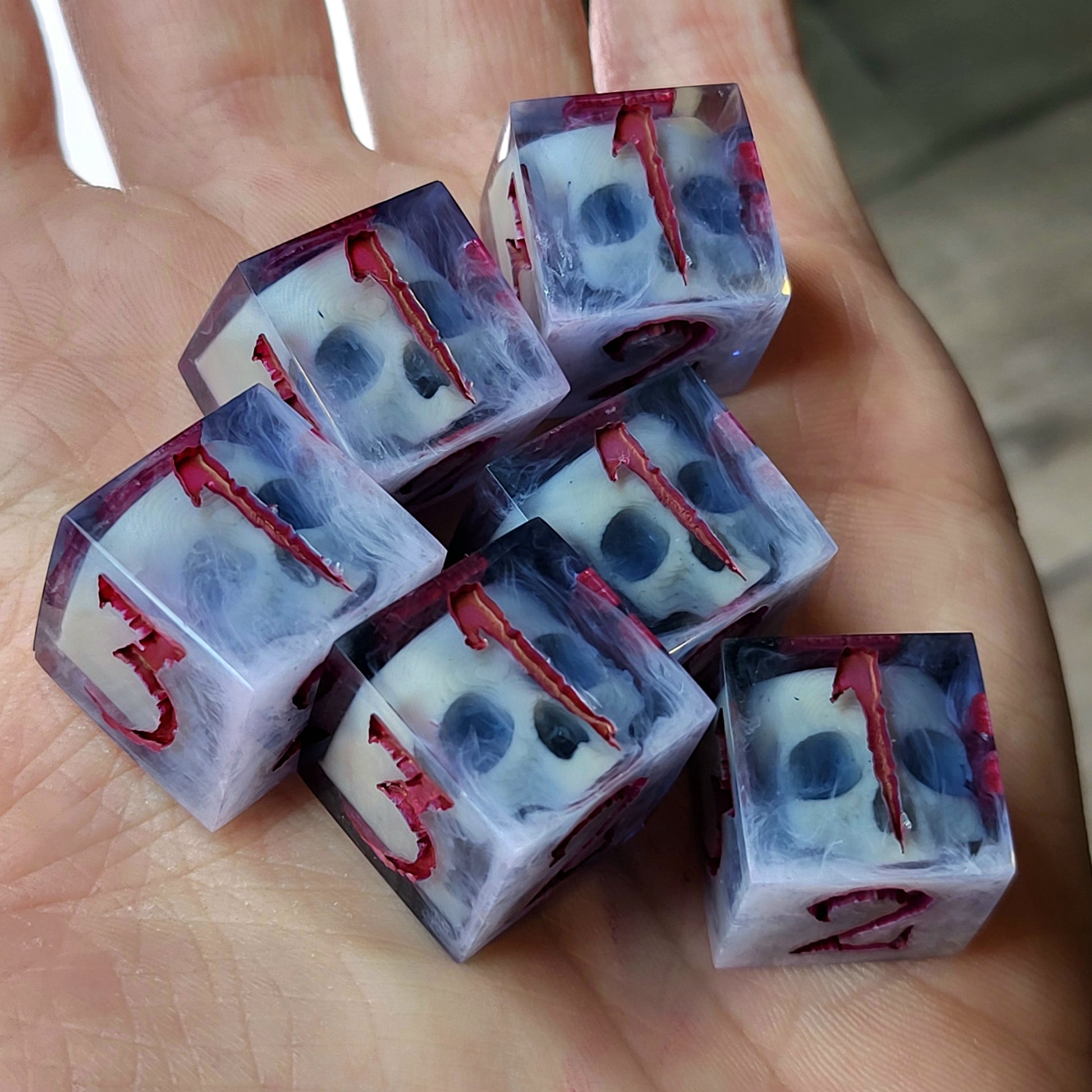 Dice set in D6 format with skull inside for role-playing games for Dungeons and Dragons