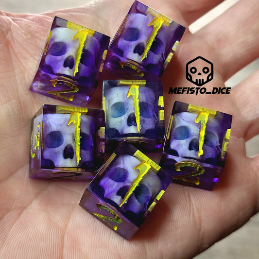 Dice set in D6 format with skull inside for role-playing games for Dungeons and Dragons