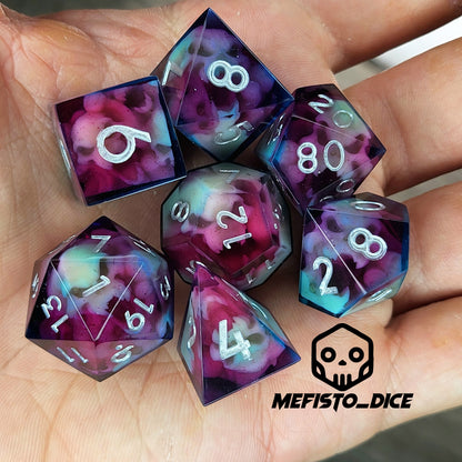 Dice set with red and blue spirit inside and silver numbers for play dnd , dungeons and dragons