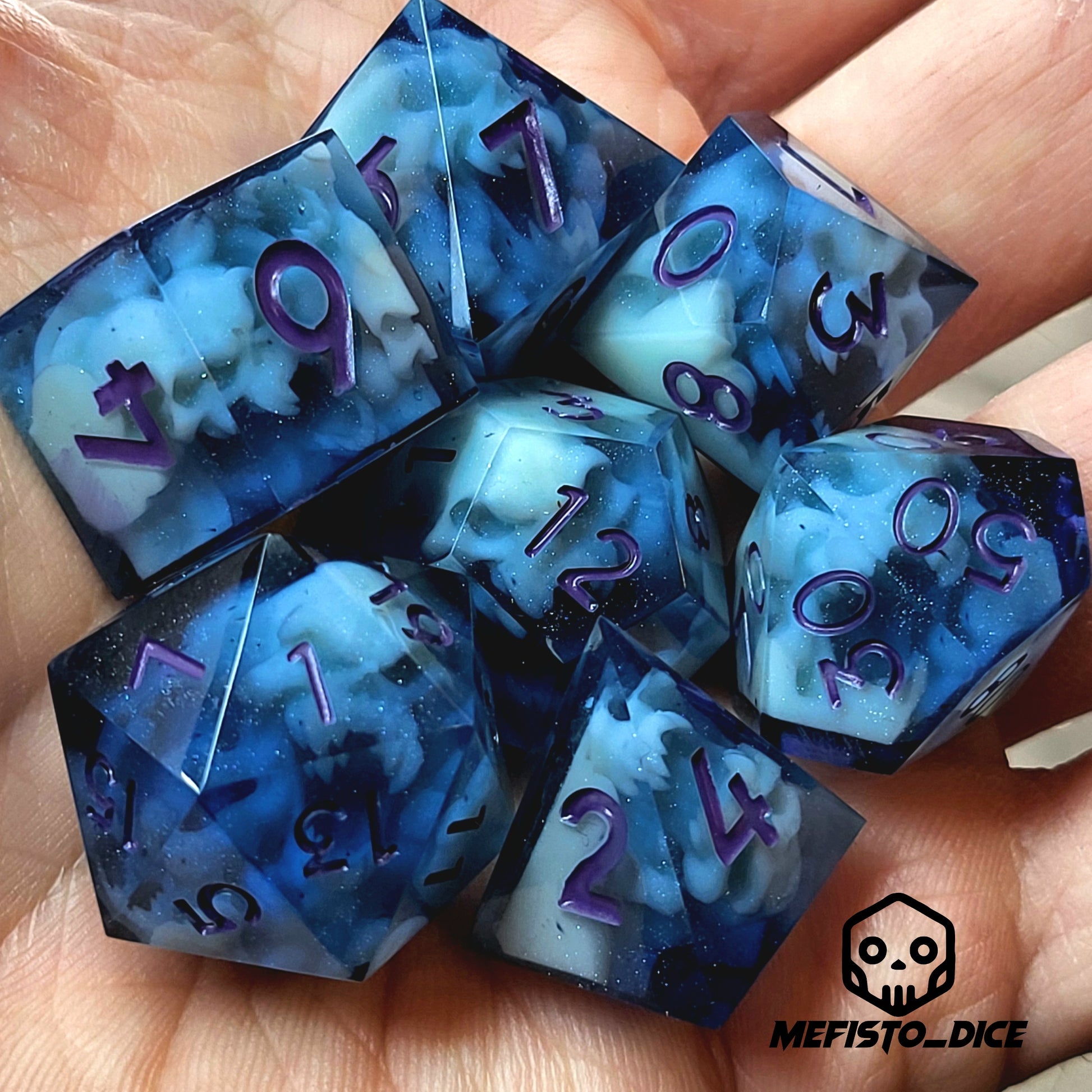 Dice set with light blue spirit inside and purple numbers for play dnd , dungeons and dragons