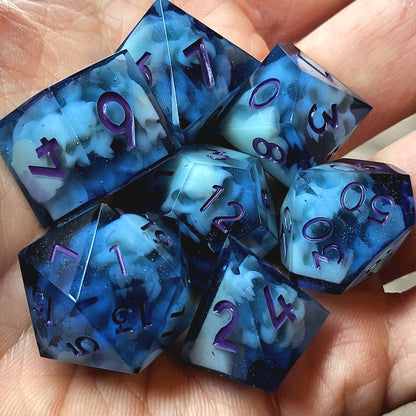 Dice set with light blue spirit inside and purple numbers for play dnd , dungeons and dragons