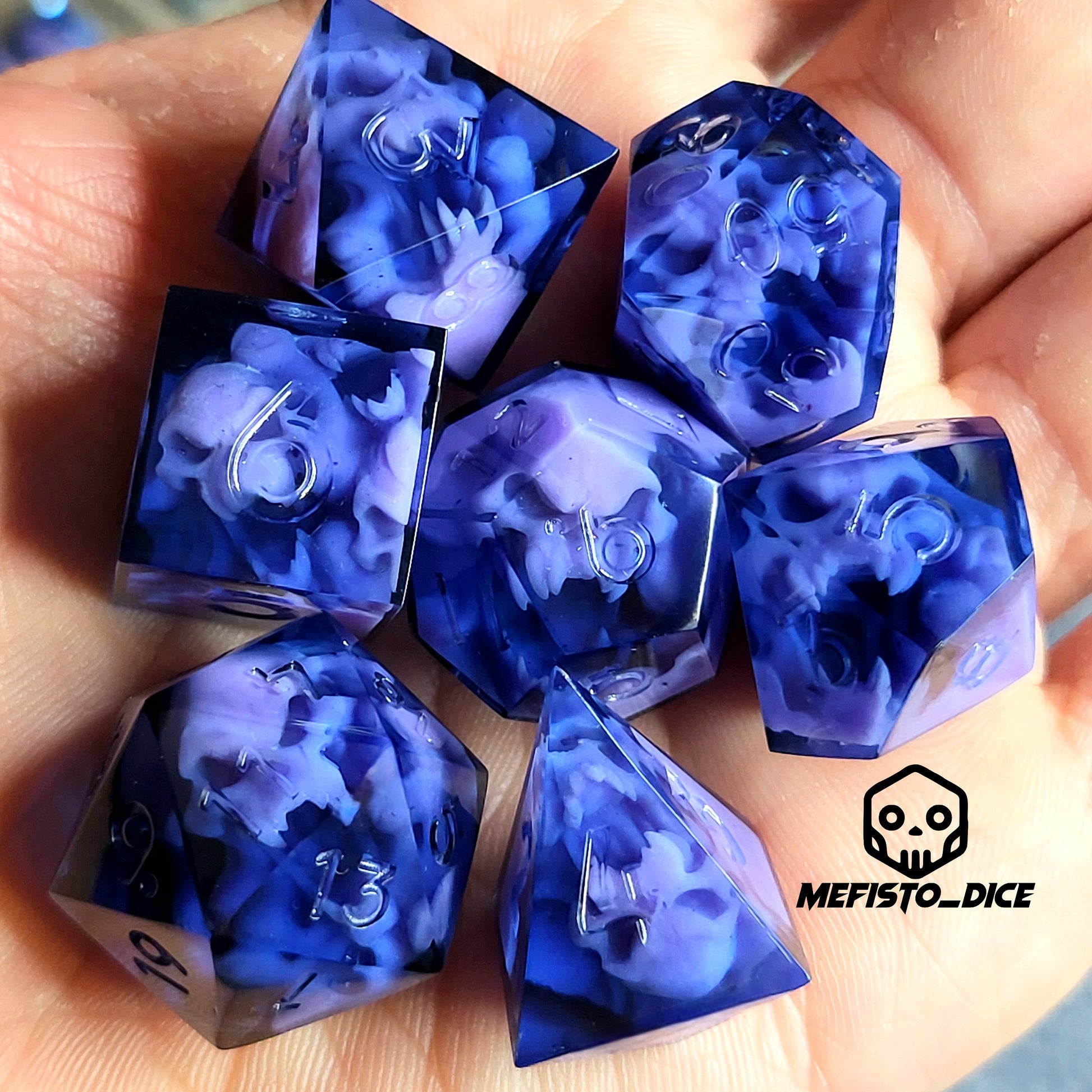 Dice set with purple spirit inside for play dnd , dungeons and dragons