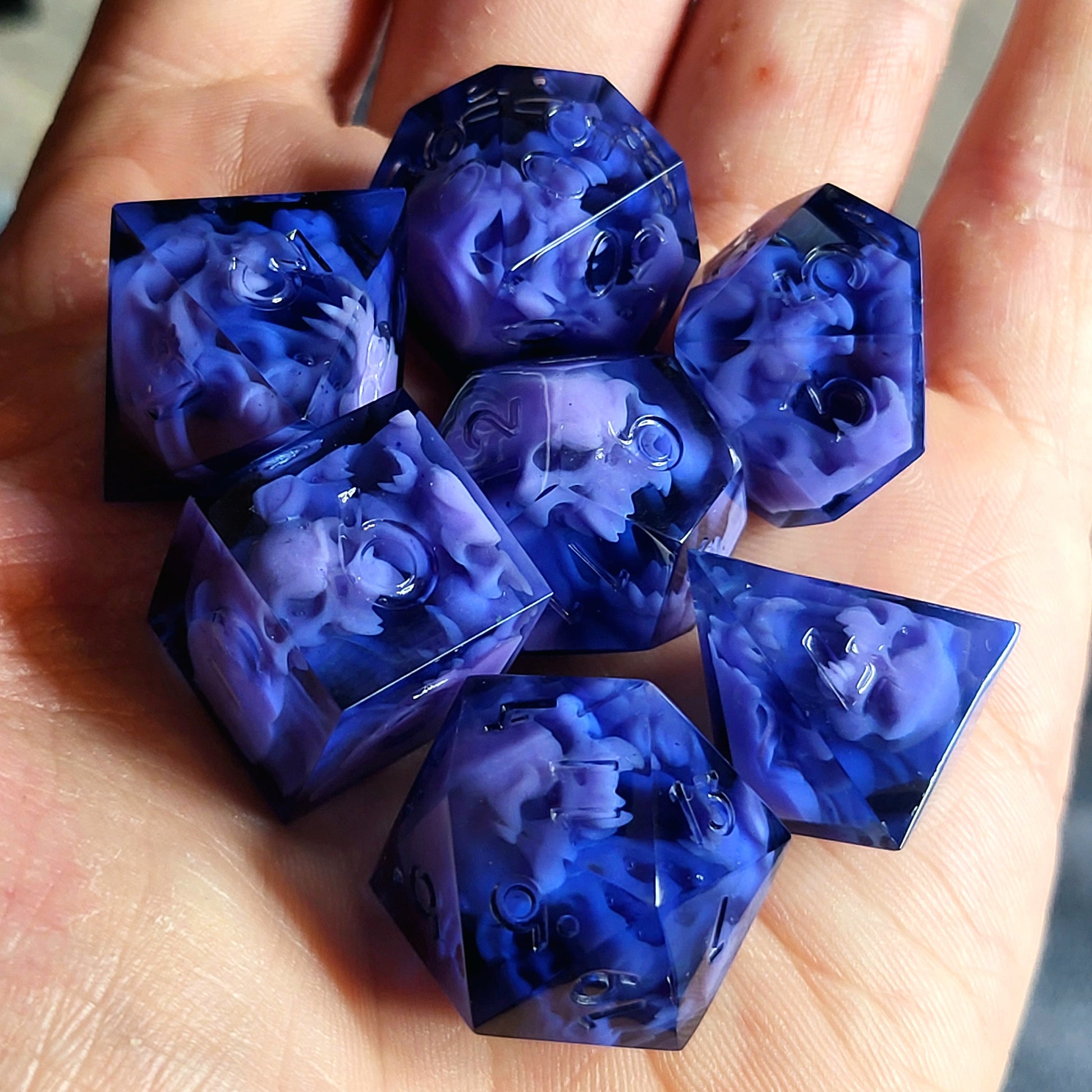 Dice set with purple spirit inside for play dnd , dungeons and dragons