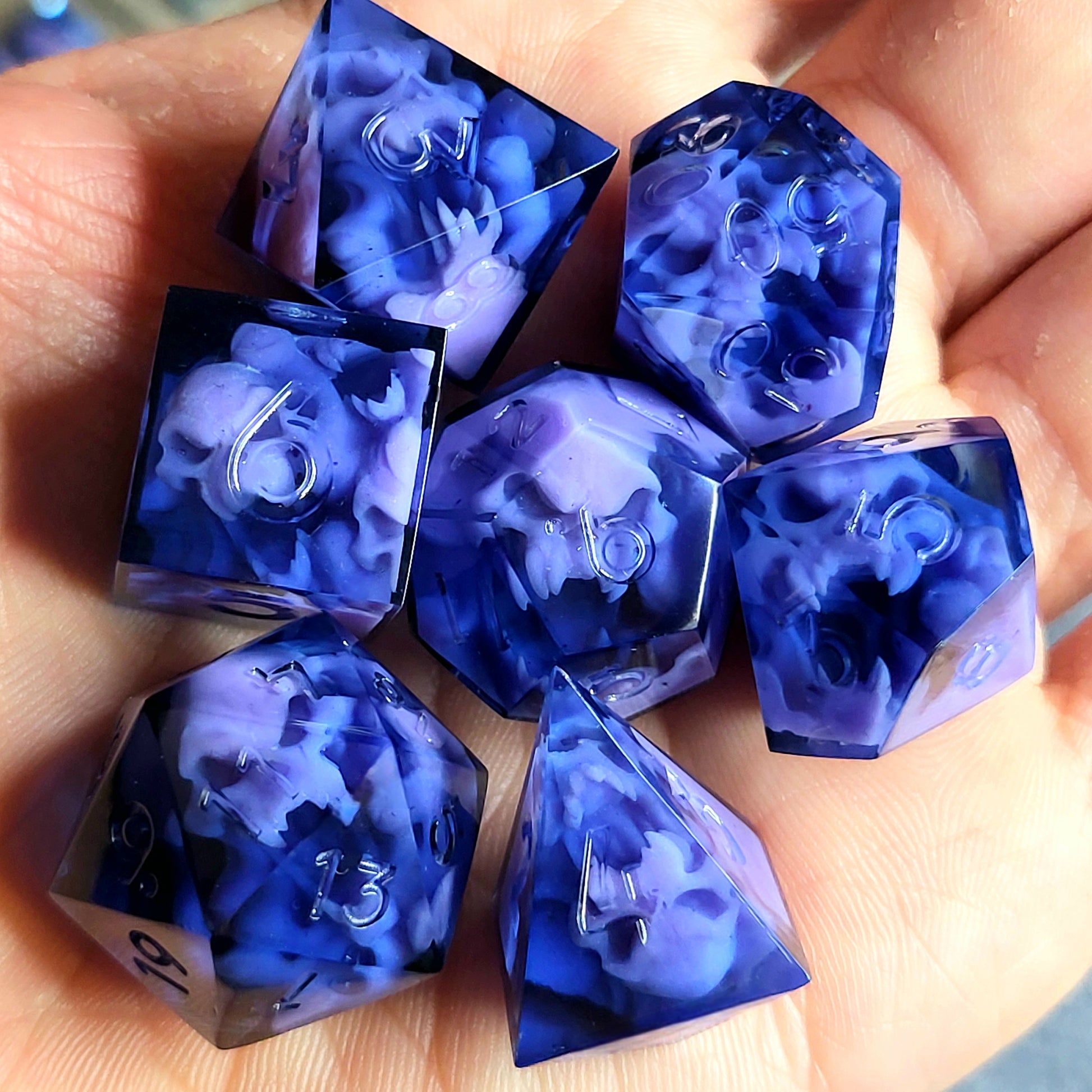 Dice set with purple spirit inside for play dnd , dungeons and dragons
