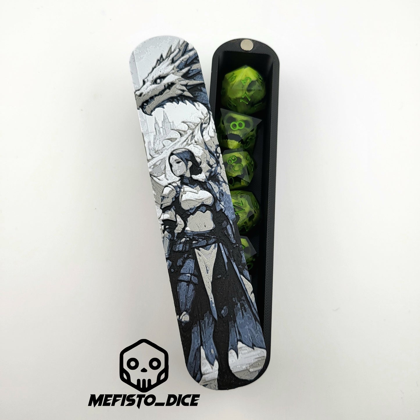 Magnetic D&D dice box featuring a dark fantasy warrior and dragon artwork