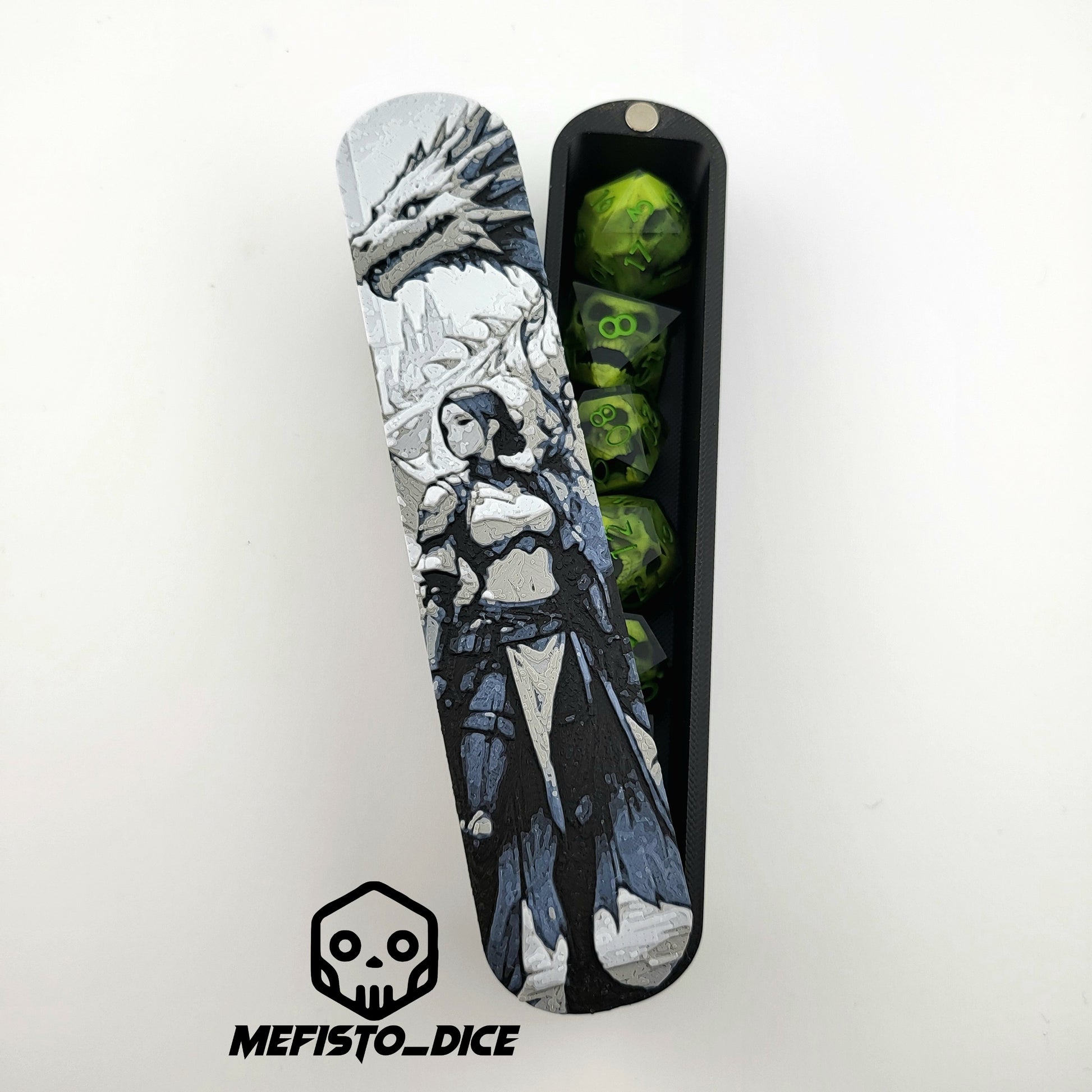 Magnetic D&D dice box featuring a dark fantasy warrior and dragon artwork