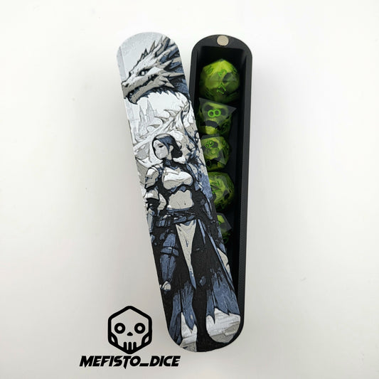 Magnetic D&D dice box featuring a dark fantasy warrior and dragon artwork
