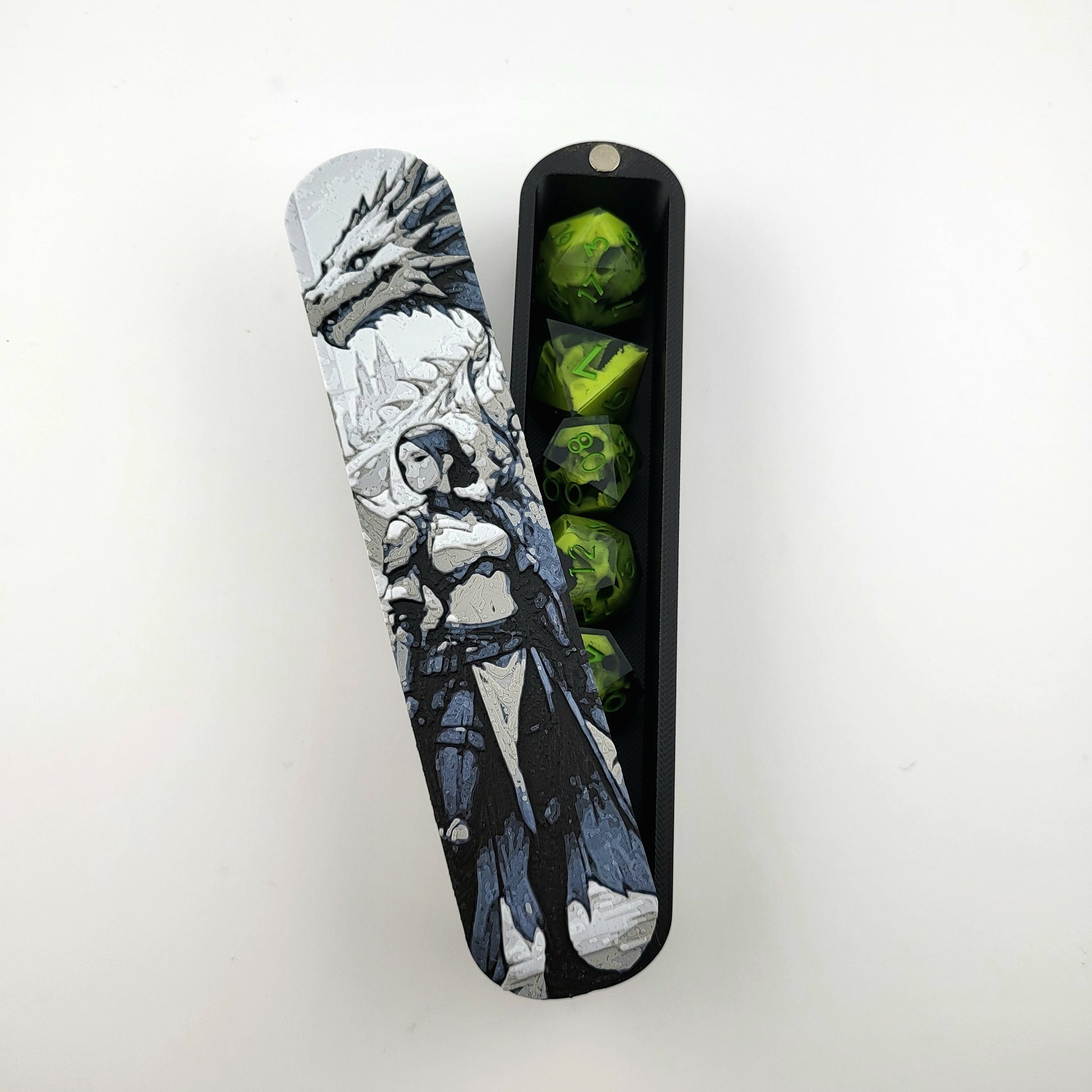 Magnetic D&D dice box featuring a dark fantasy warrior and dragon artwork