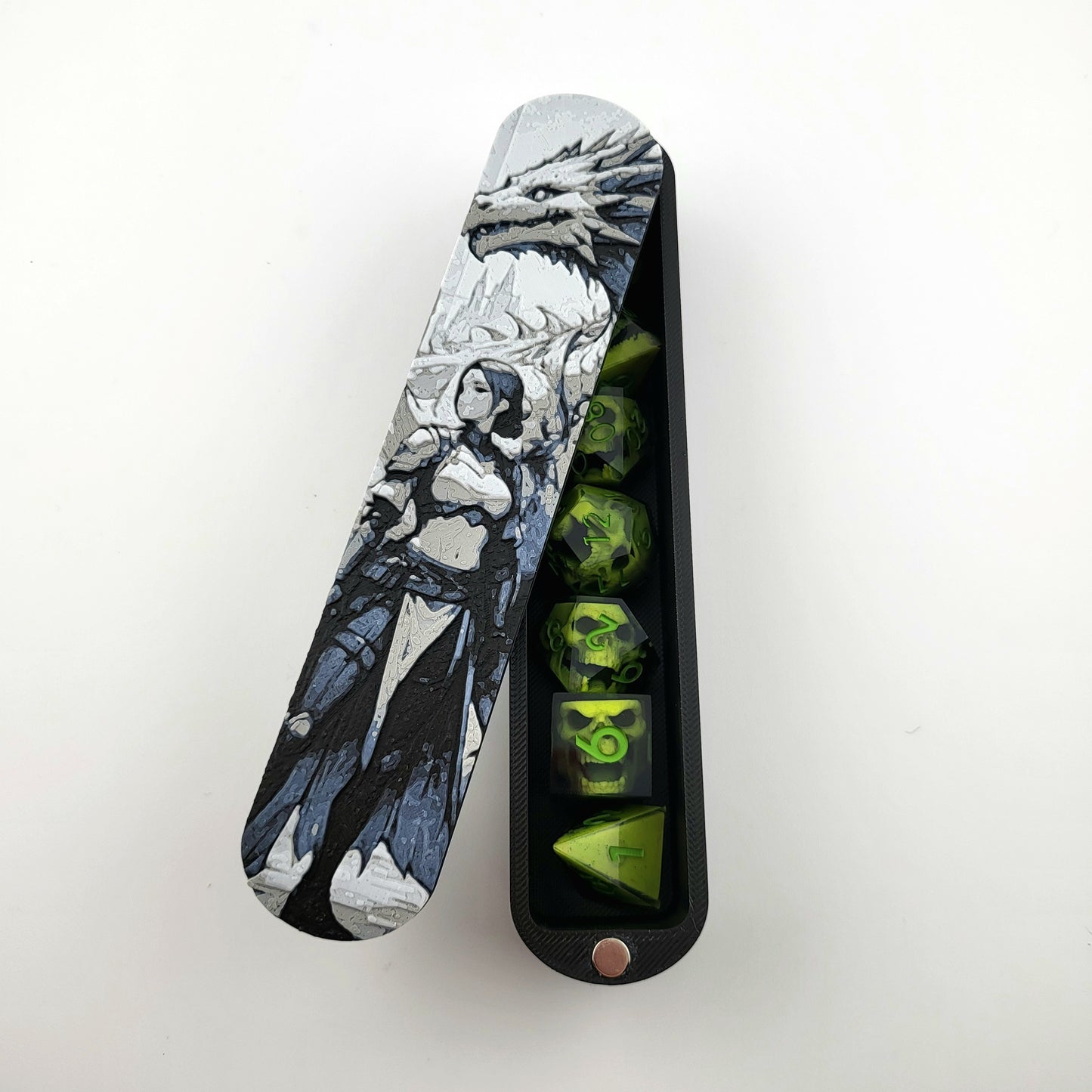 Magnetic D&D dice box featuring a dark fantasy warrior and dragon artwork