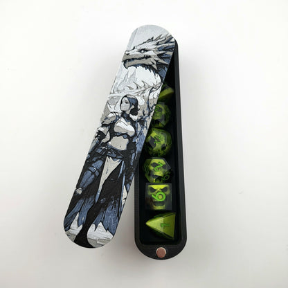Magnetic D&D dice box featuring a dark fantasy warrior and dragon artwork