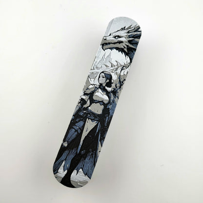 Magnetic D&D dice box featuring a dark fantasy warrior and dragon artwork