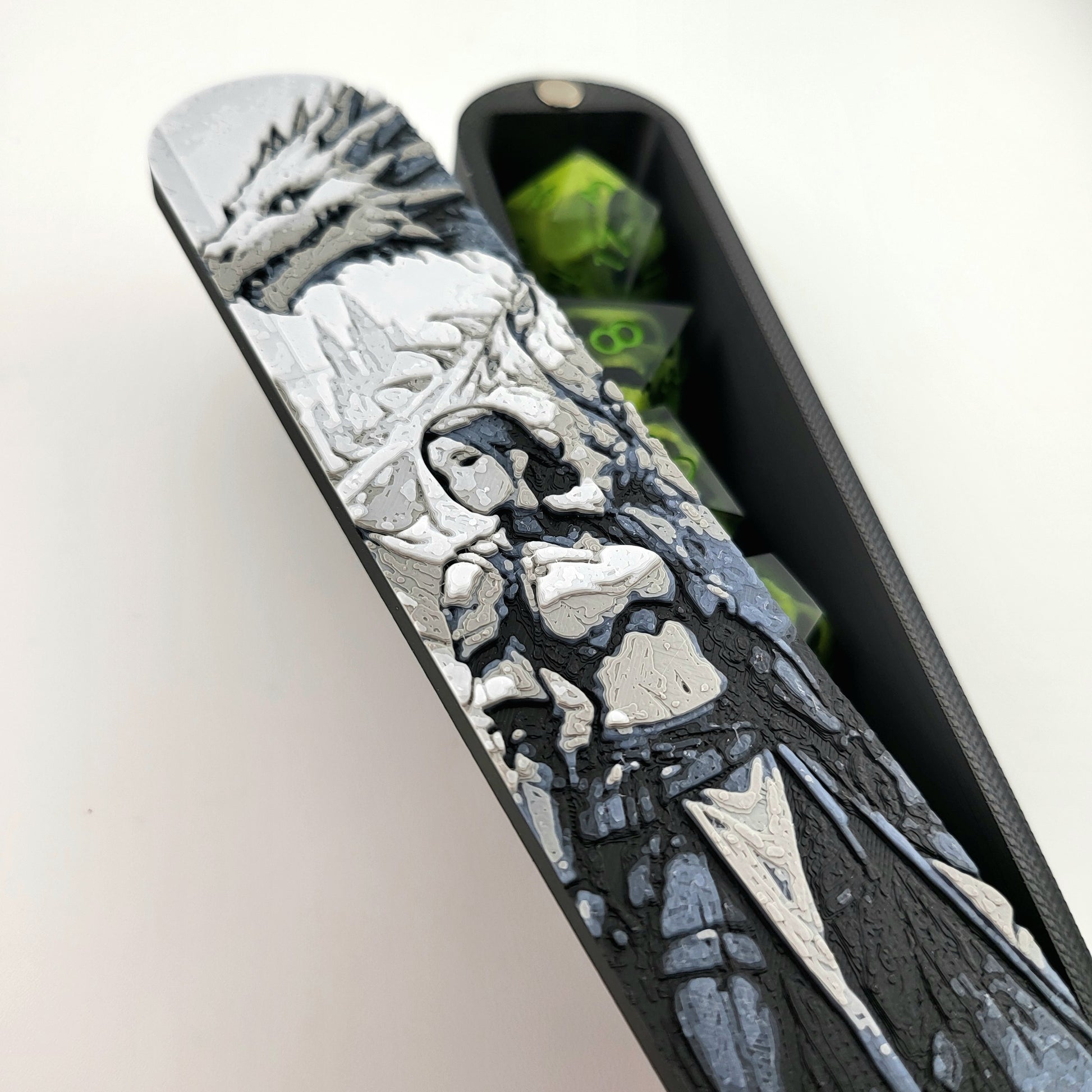 Magnetic D&D dice box featuring a dark fantasy warrior and dragon artwork