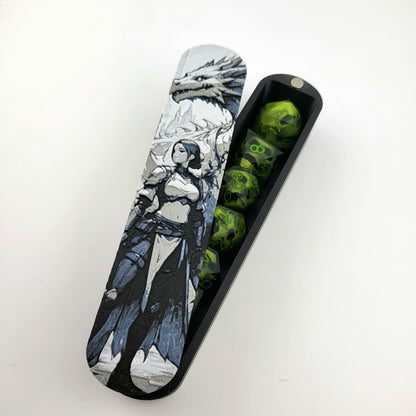 Magnetic D&D dice box featuring a dark fantasy warrior and dragon artwork