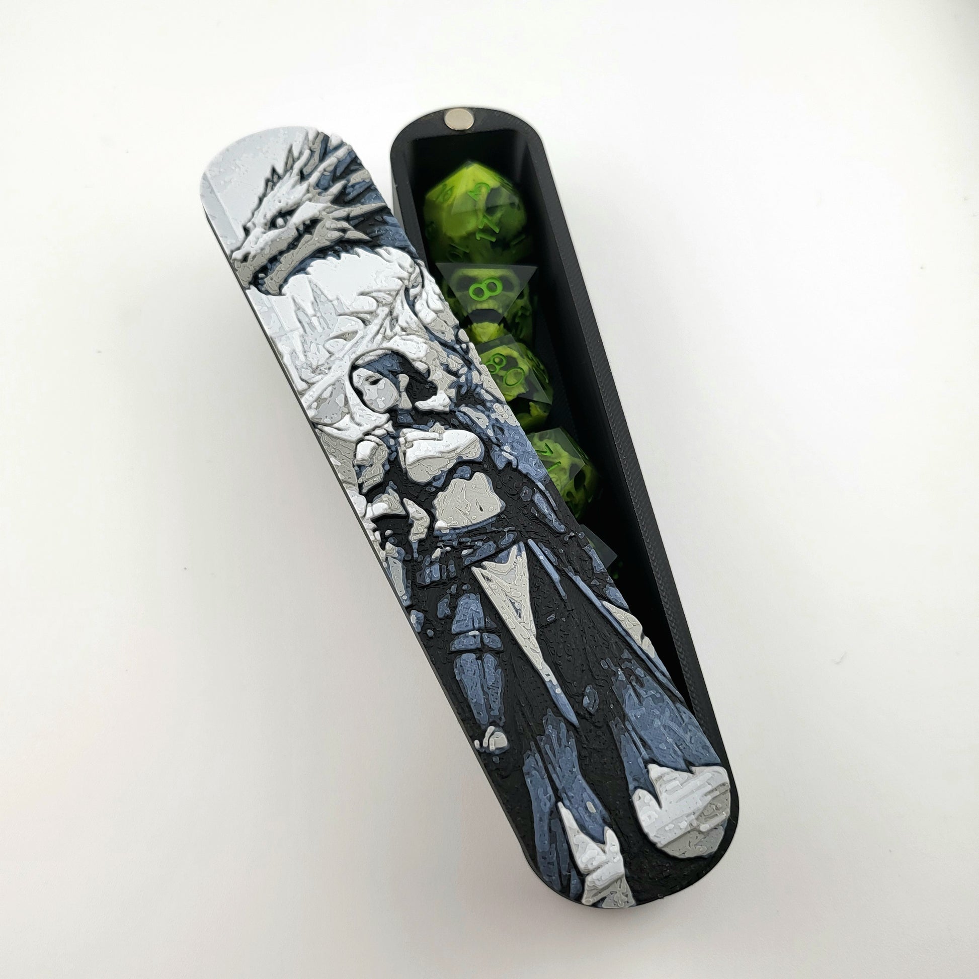 Magnetic D&D dice box featuring a dark fantasy warrior and dragon artwork