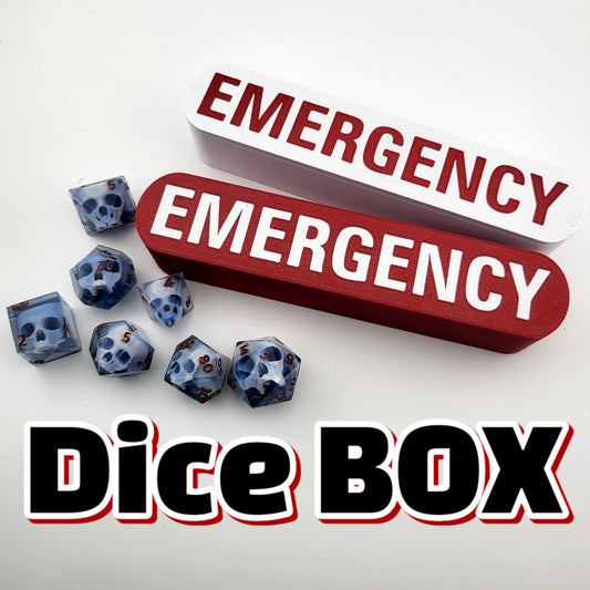 dice box white and red with the word emergency printed on it for dnd and dungeons and dragons games