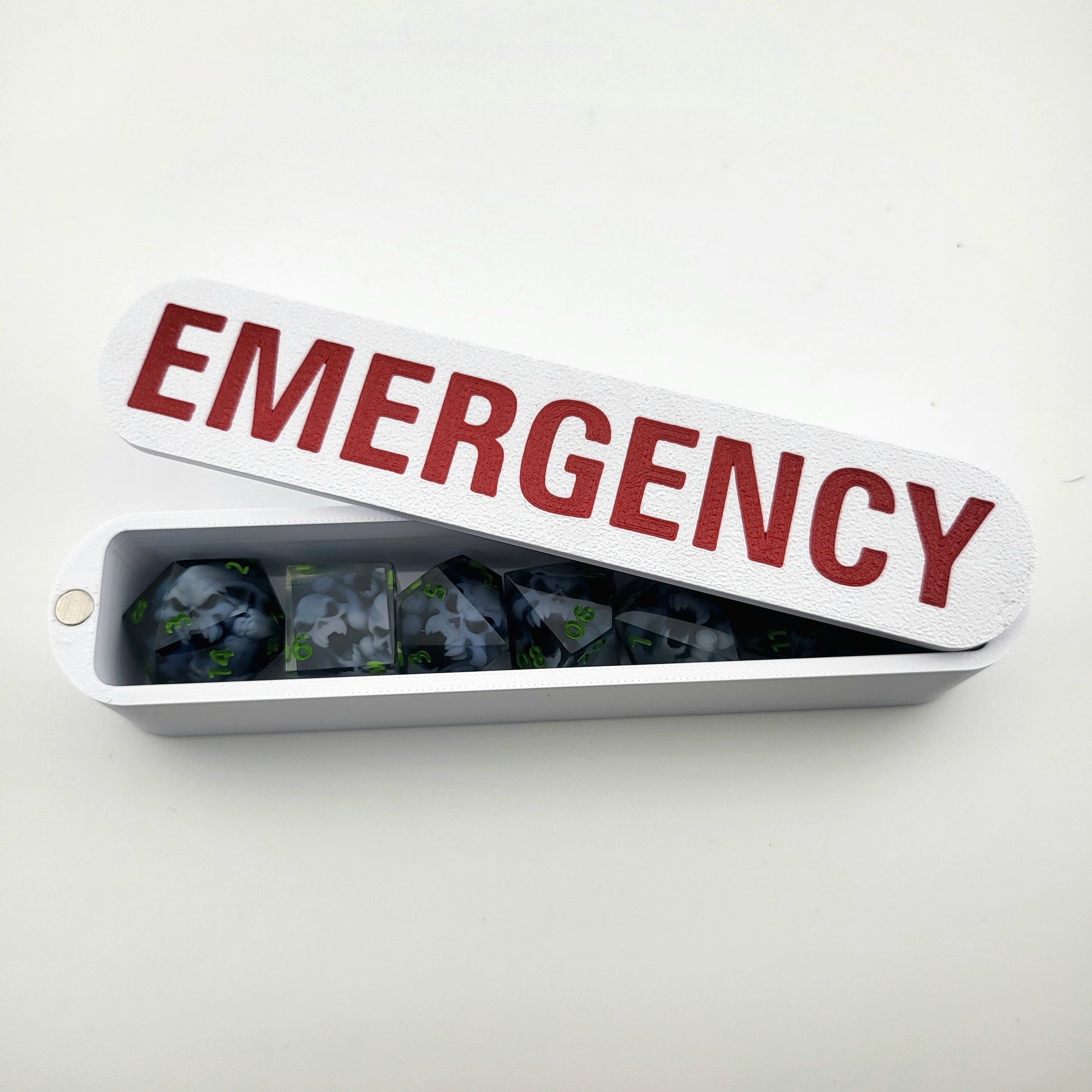 dice box white and red with the word emergency printed on it for dnd and dungeons and dragons games