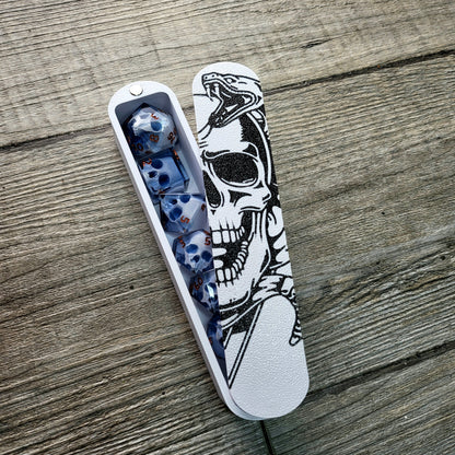 dice box white and black with the skull and snake printed on it for dnd and dungeons and dragons games