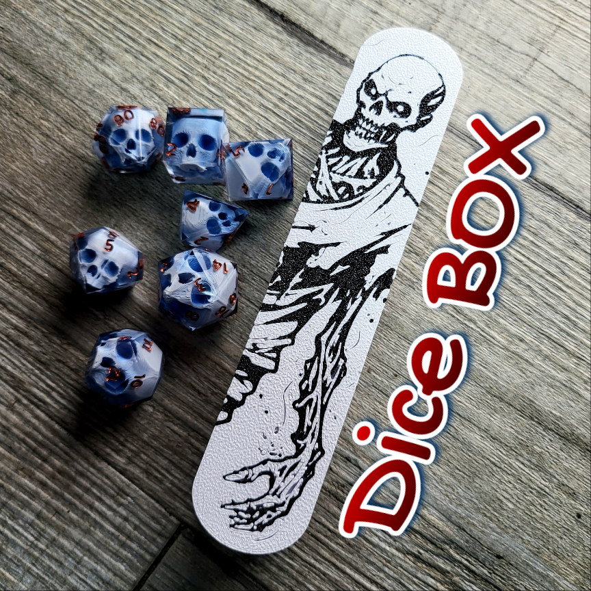 dice box white and black with the undead zombie printed on it for dnd and dungeons and dragons games