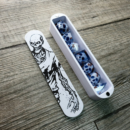 dice box white and black with the undead zombie printed on it for dnd and dungeons and dragons games