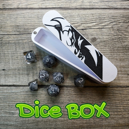 dice box white and black with the wolf printed on it for dnd and dungeons and dragons games