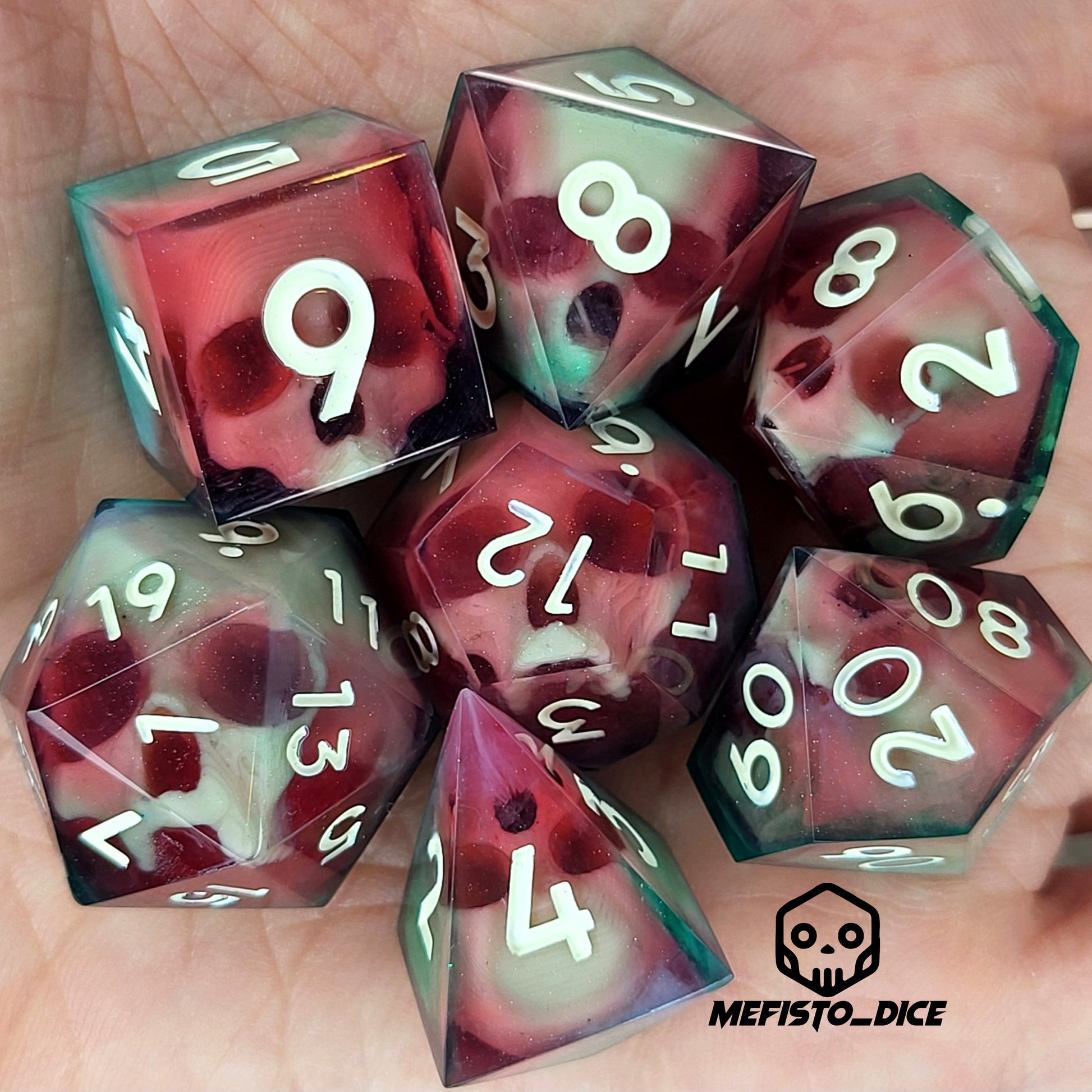 Dnd Dice set for role playing for Dungeons and Dragons with skull inside and red and green resin