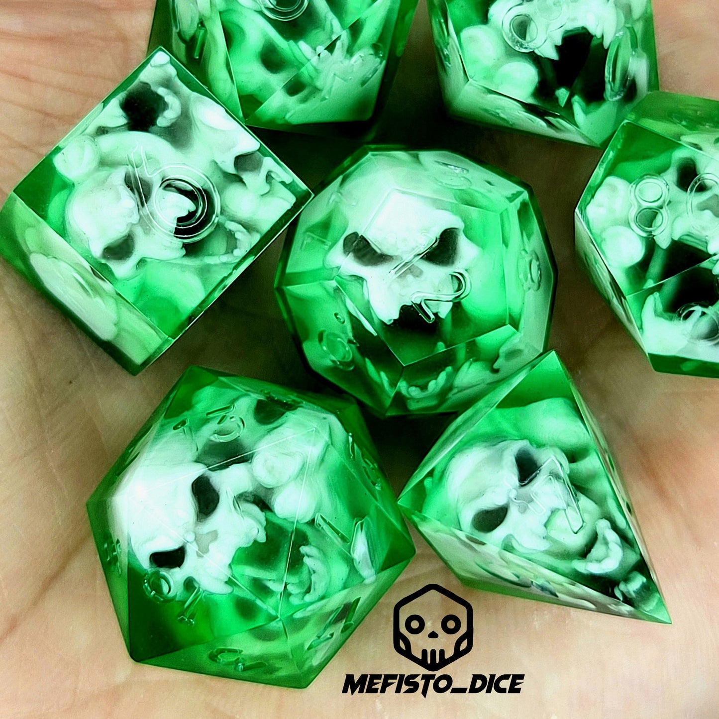 Dice set with 7 pieces with skull inside in spirit theme for role-playing games for Dungeons and Dragons