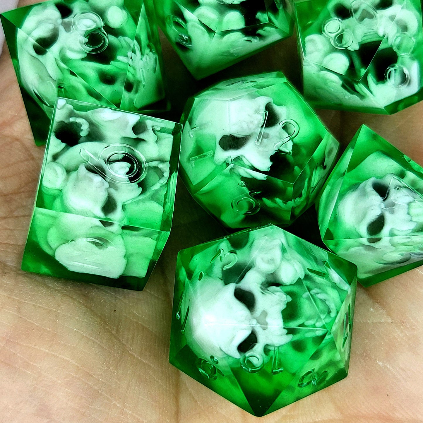 Dice set with 7 pieces with skull inside in spirit theme for role-playing games for Dungeons and Dragons