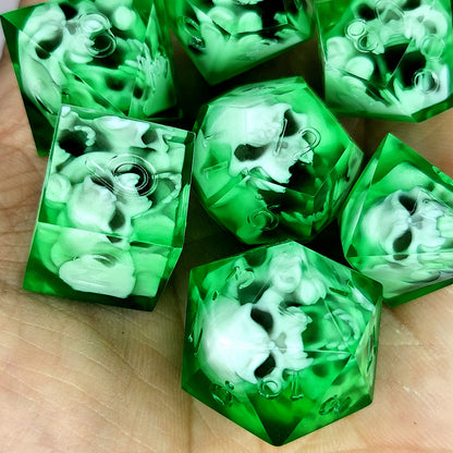 Dice set with 7 pieces with skull inside in spirit theme for role-playing games for Dungeons and Dragons