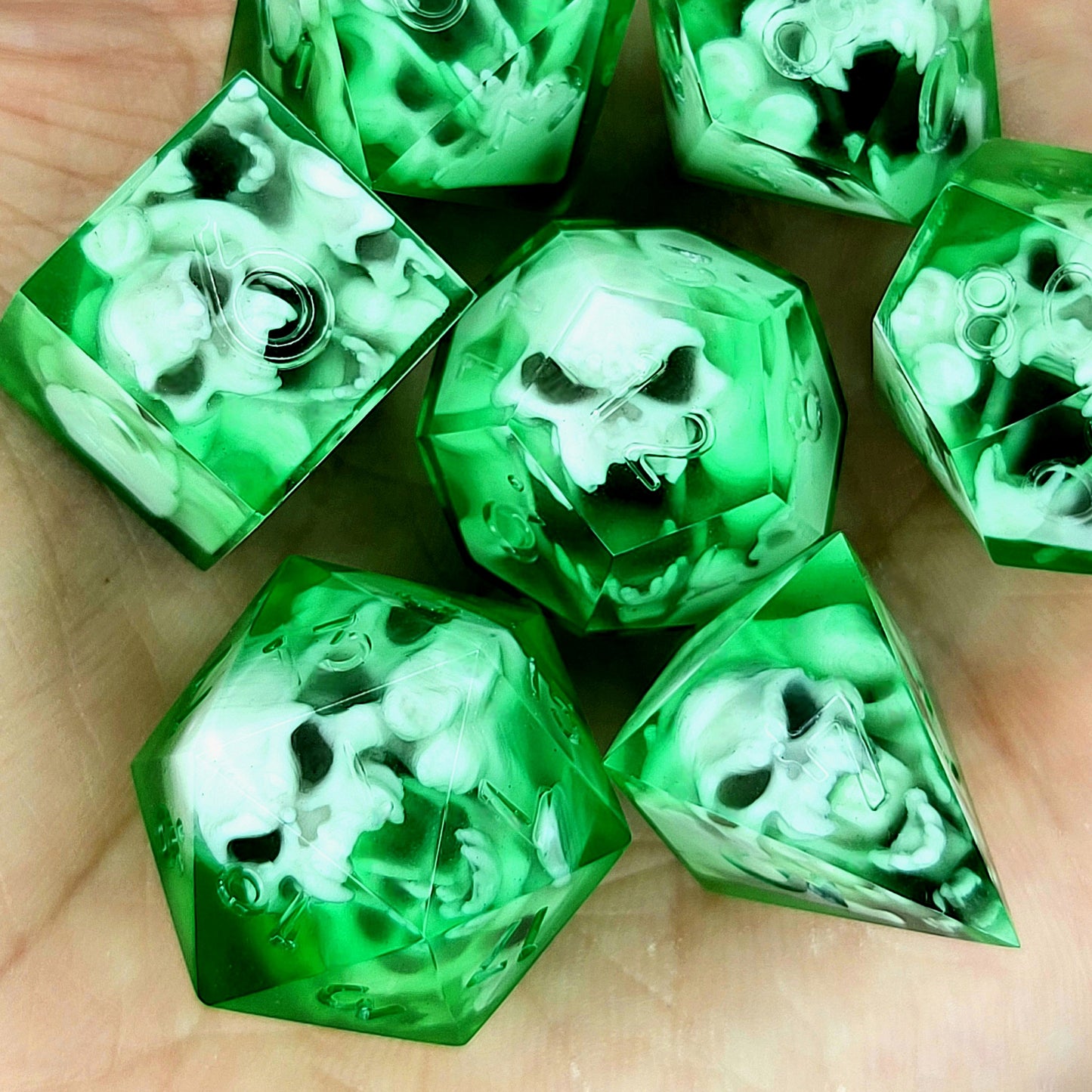 Dice set with 7 pieces with skull inside in spirit theme for role-playing games for Dungeons and Dragons