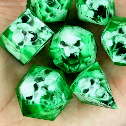 Dice set with 7 pieces with skull inside in spirit theme for role-playing games for Dungeons and Dragons