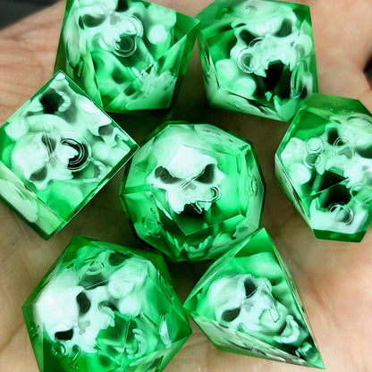 Dice set with 7 pieces with skull inside in spirit theme for role-playing games for Dungeons and Dragons