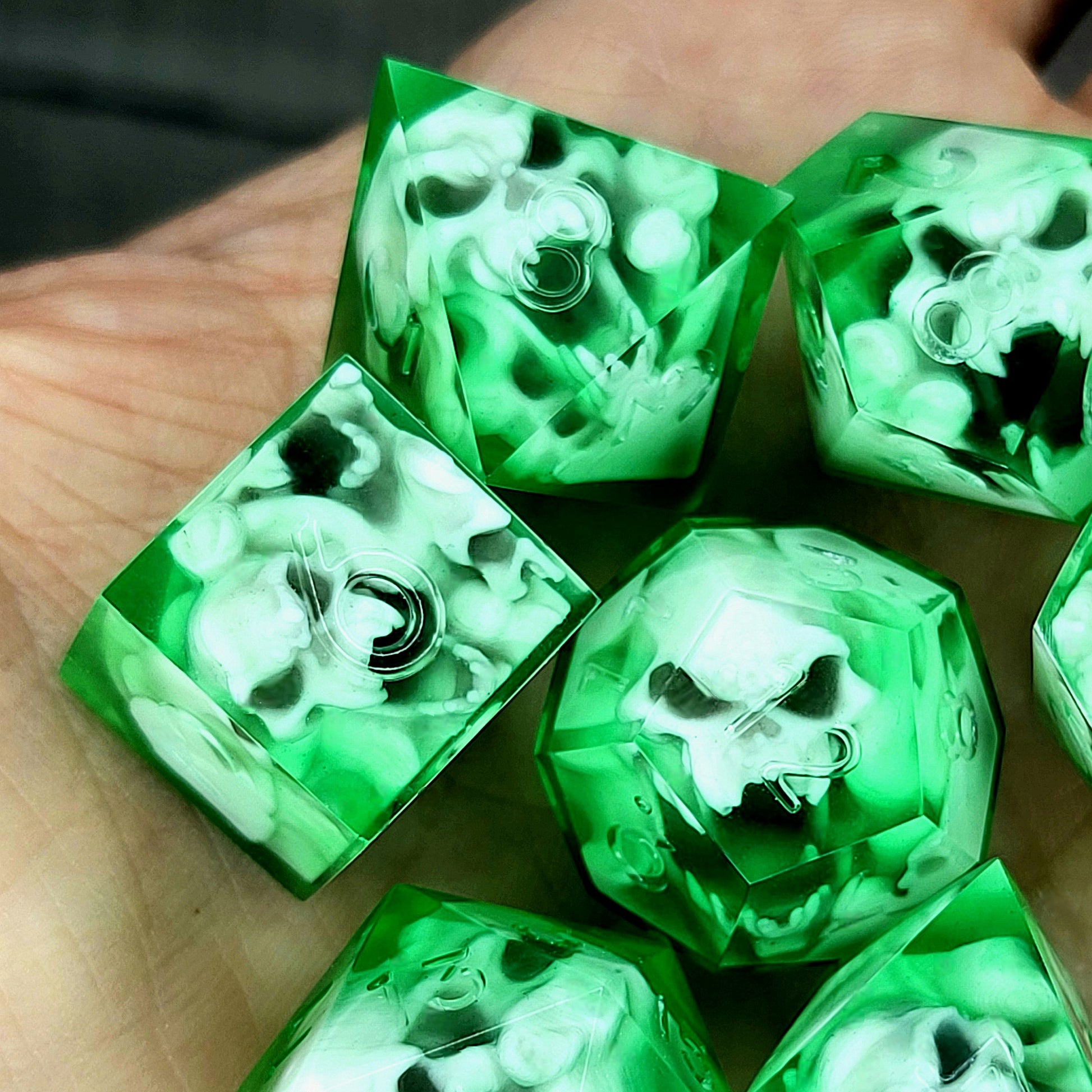 Dice set with 7 pieces with skull inside in spirit theme for role-playing games for Dungeons and Dragons