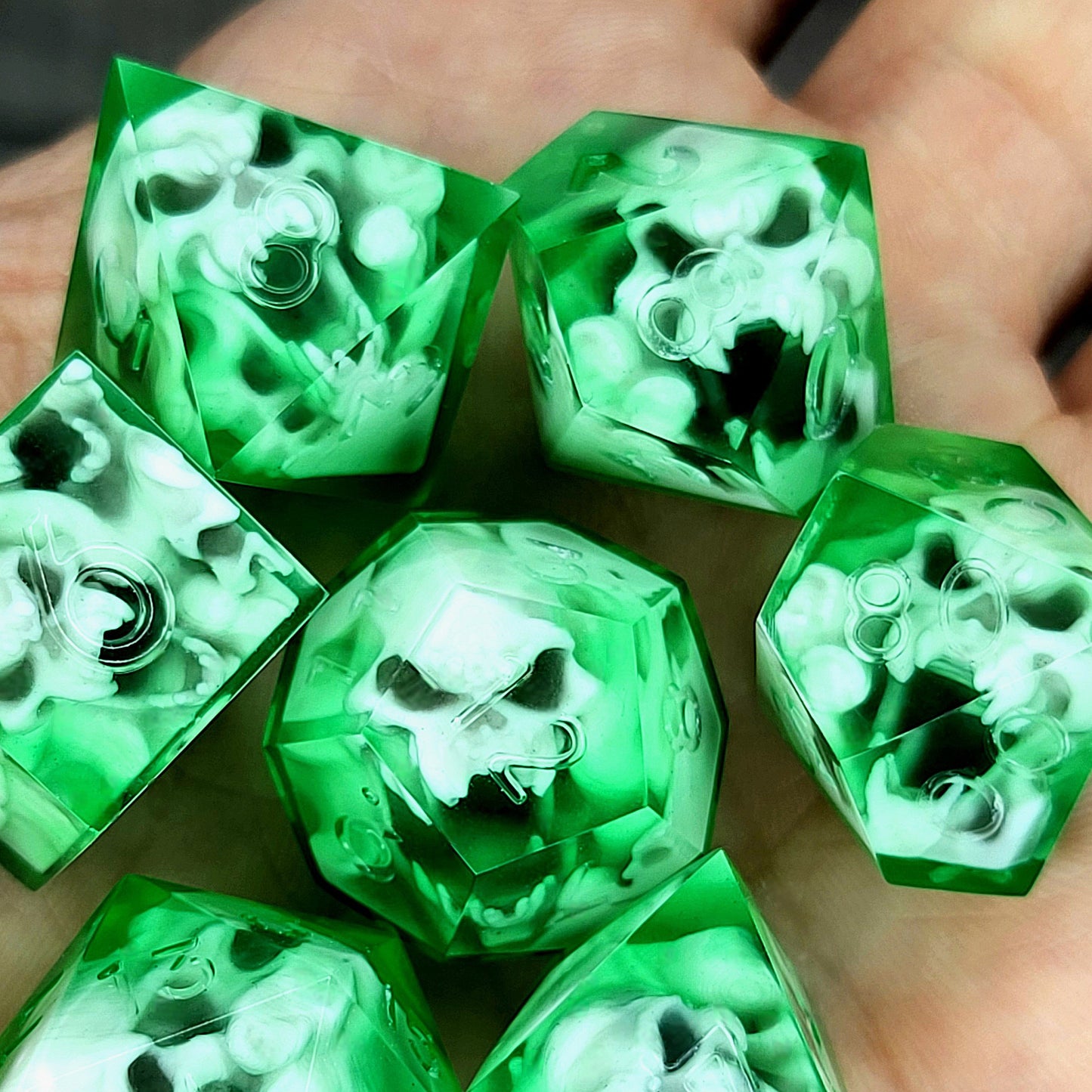 Dice set with 7 pieces with skull inside in spirit theme for role-playing games for Dungeons and Dragons