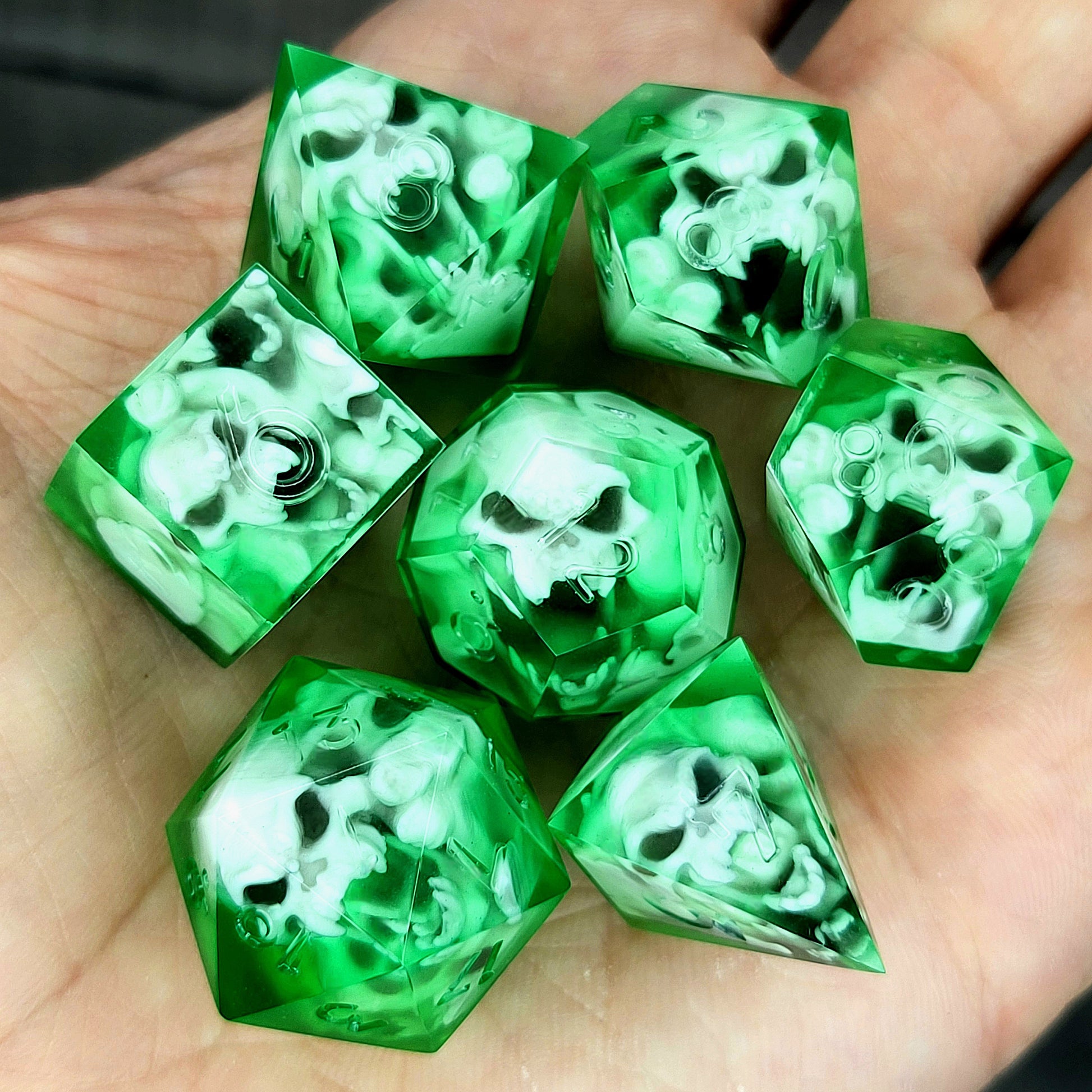Dice set with 7 pieces with skull inside in spirit theme for role-playing games for Dungeons and Dragons