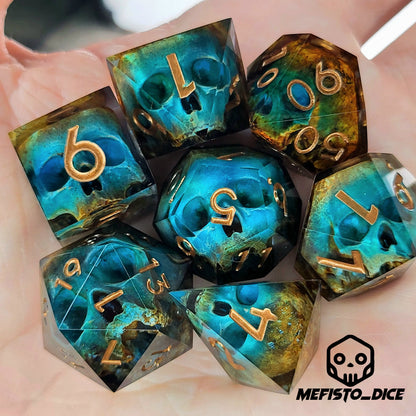 Dnd Dice set for role playing for Dungeons and Dragons with skull inside and bronze numbers